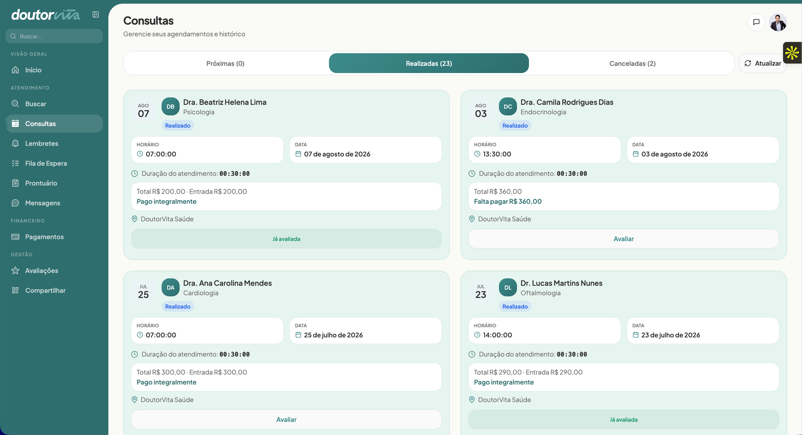 Tela de consultas do Doutor Vita, com agendamentos realizados, horário, valor e status de pagamento