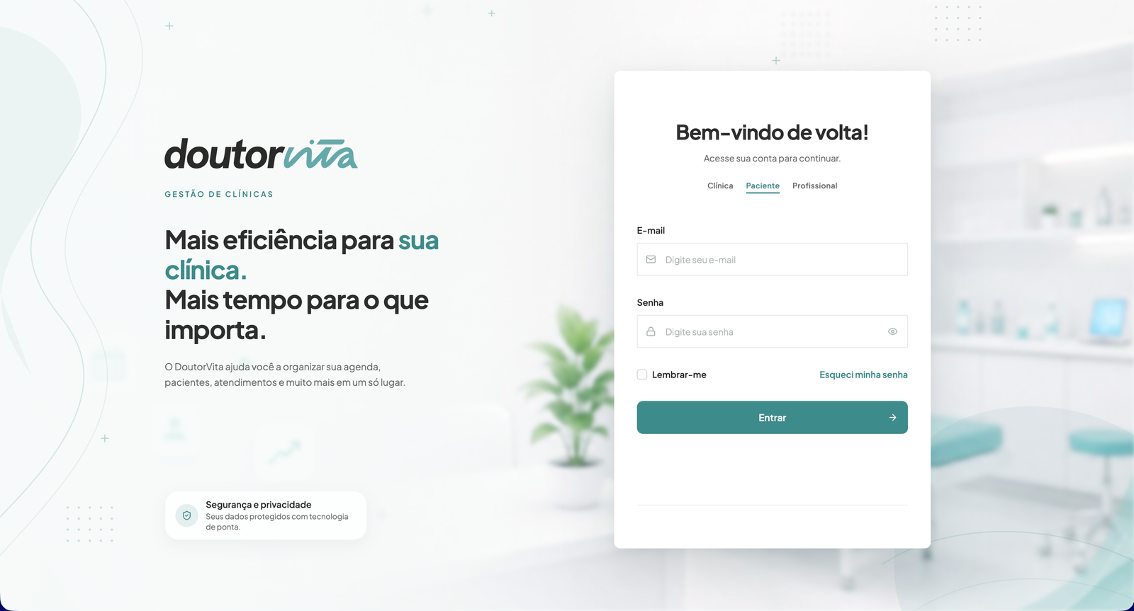 Tela de acesso do Doutor Vita, com entrada para clínica, paciente e profissional