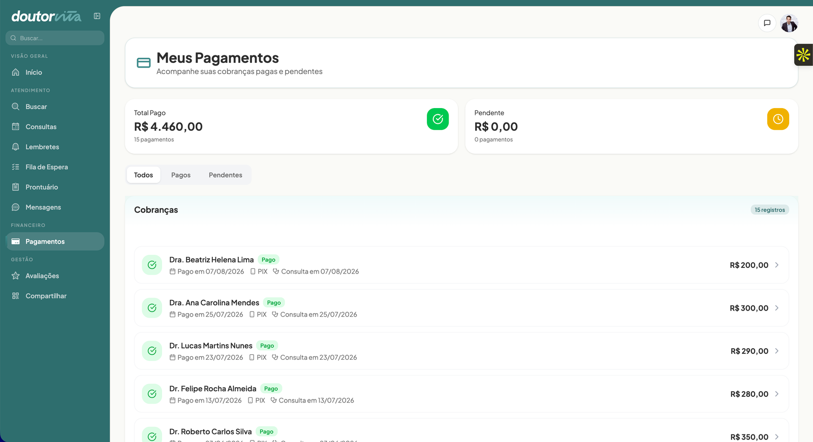 Tela de pagamentos do Doutor Vita, com total pago, pendências e lista de cobranças
